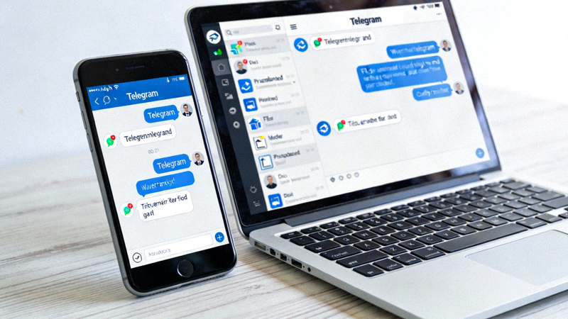 办公桌上笔记本电脑与手机并排显示Telegram界面，展示多端协同工作场景