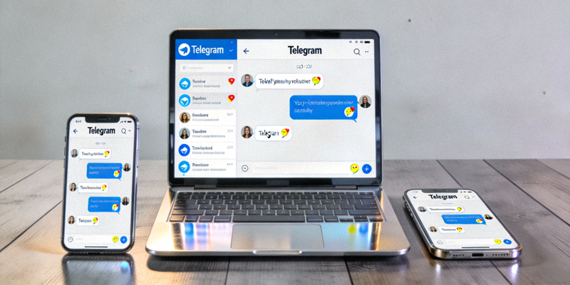 办公桌上并排放置的笔记本电脑和手机，屏幕都显示着Telegram应用界面，象征多端同步