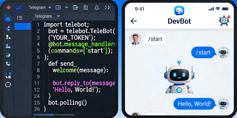 电脑代码编辑器与Telegram机器人对话界面同屏显示，展示开发集成场景