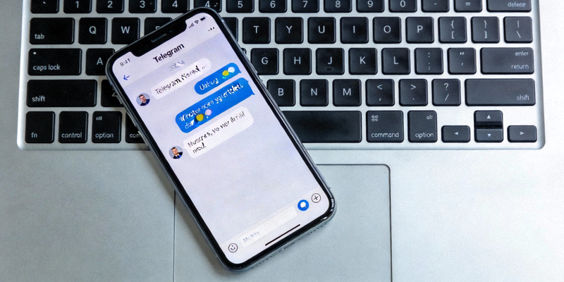 电脑键盘上放着一部手机，两者屏幕都亮着显示Telegram聊天界面，象征高效的多任务处理