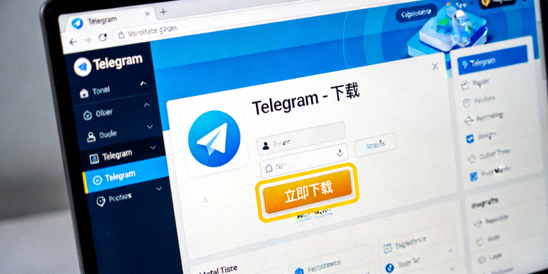 电脑浏览器窗口显示Telegram官网下载页面，下载按钮被高亮标出