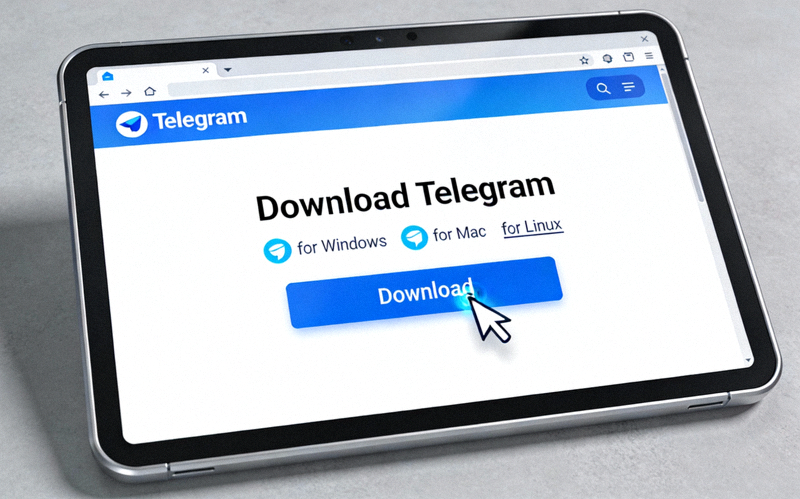 电脑屏幕上显示Telegram官网下载页面，鼠标指针正点击下载按钮