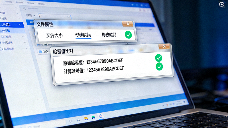电脑屏幕上显示文件属性对话框和哈希值比对结果，两者一致显示为绿色对勾