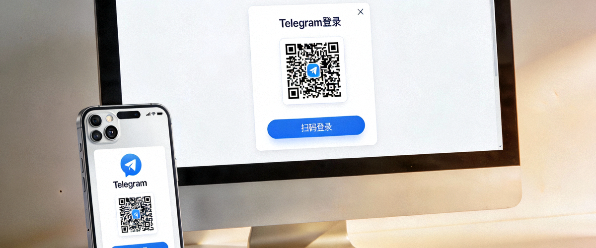 电脑屏幕上显示Telegram登录界面，旁边放着一部已解锁并打开Telegram应用的手机，准备扫码
