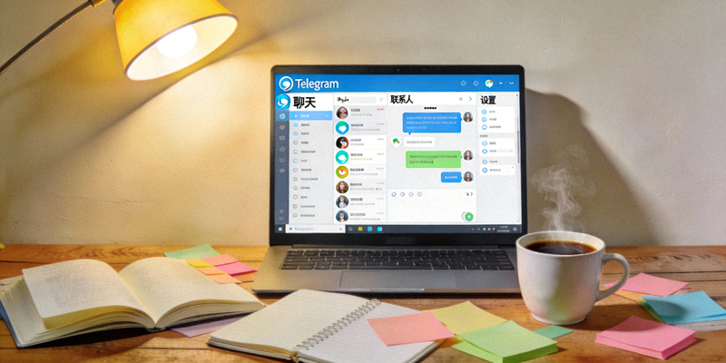 电脑屏幕上显示Telegram中文界面，旁边放着一杯咖啡，营造舒适的学习氛围