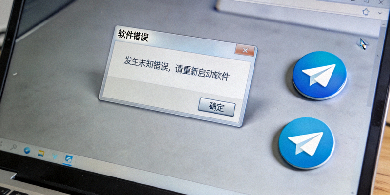 电脑屏幕上显示软件错误提示弹窗，旁边是Telegram的图标