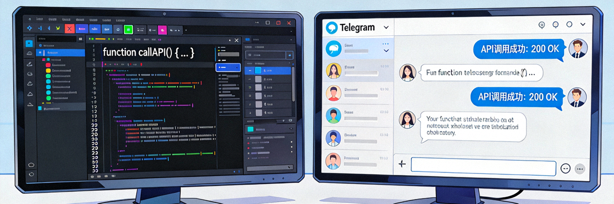 电脑屏幕上显示复杂的代码编辑器与Telegram界面并排，象征着开发模式与API调用