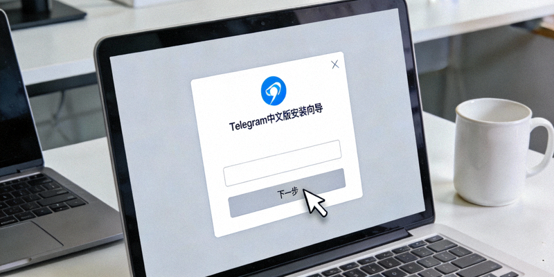 电脑屏幕上显示Telegram中文版安装向导界面，鼠标指针正点击下一步按钮，背景是简洁的办公桌