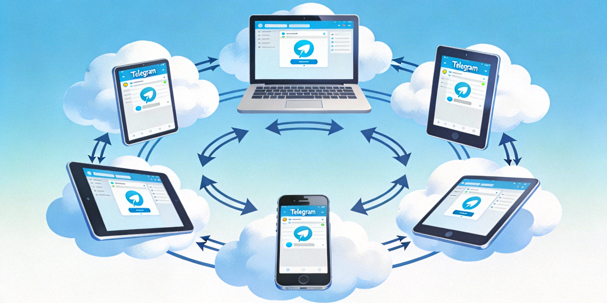 多个电子设备（笔记本电脑、平板电脑、智能手机）环绕着云朵和同步箭头，形象展示Telegram云端同步概念