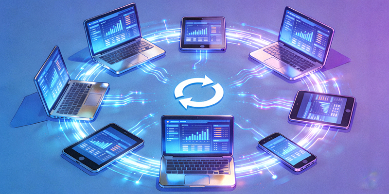 多个设备（电脑、平板、手机）环绕着同步的图标，表示数据无缝流转