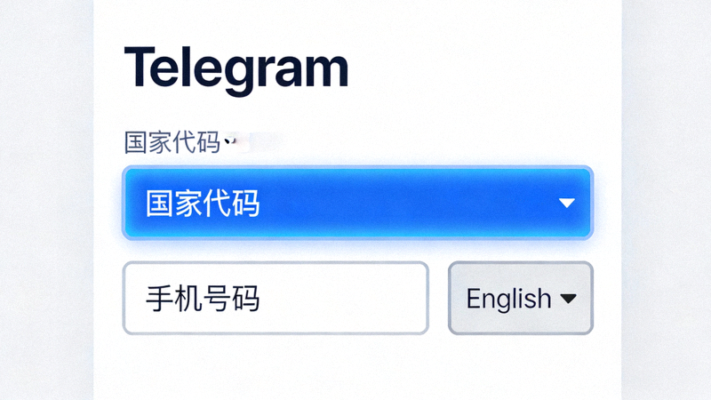 Telegram电脑版登录界面特写，显示手机号码输入框和语言选择下拉菜单