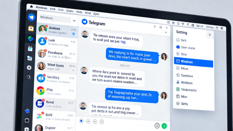Telegram桌面端在Windows系统上的主界面展示，侧边栏、聊天窗口和设置菜单清晰可见