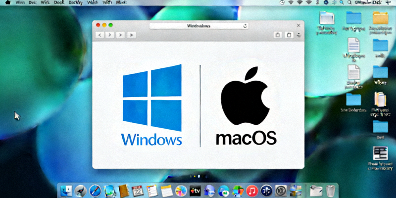 Windows和macOS系统logo并排显示，背景是抽象的桌面界面