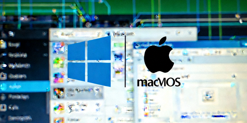 Windows和macOS系统logo并排显示，背景是抽象的电脑桌面