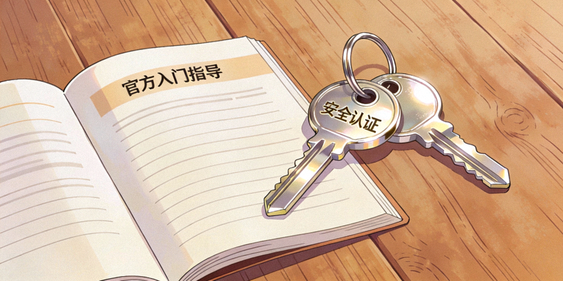一本打开的指南书和一把安全钥匙放在木桌上，象征官方与安全的入门指导