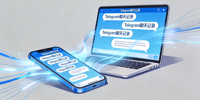 一部智能手机和一台笔记本电脑并排摆放，两者屏幕通过动画线条连接，显示相同的Telegram聊天记录