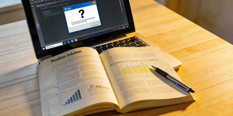 一个打开的笔记本电脑屏幕上显示着带有问号的错误弹窗，旁边放着一本打开的问题解决手册和一支笔