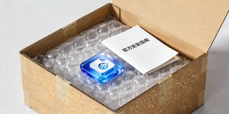 一个打开的包裹里放着软件图标和说明书，象征官方安装包与支持