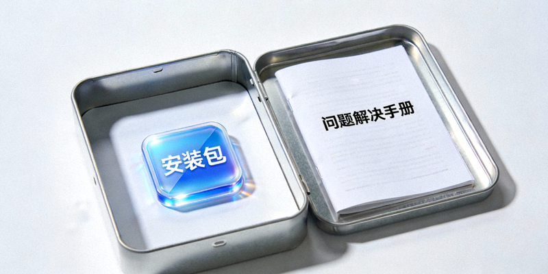 一个打开的软件包装盒，里面放着官方安装包图标和一份问题解决手册