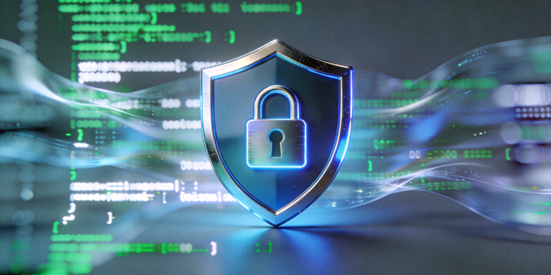 一个带有锁图标的安全盾牌，背景是模糊的电脑代码，代表安全与隐私