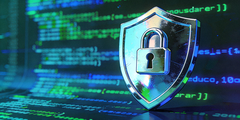 一个带有锁图标的安全盾牌，背景是模糊的电脑代码，代表安全与隐私