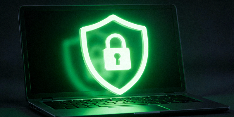 一个发光的绿色盾牌图标覆盖在笔记本电脑屏幕上，盾牌中央有一个锁的图案，代表安全下载与防护