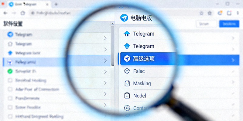 一个放大镜正聚焦在Telegram电脑版软件设置界面的高级选项标签上，周围有朦胧的光晕