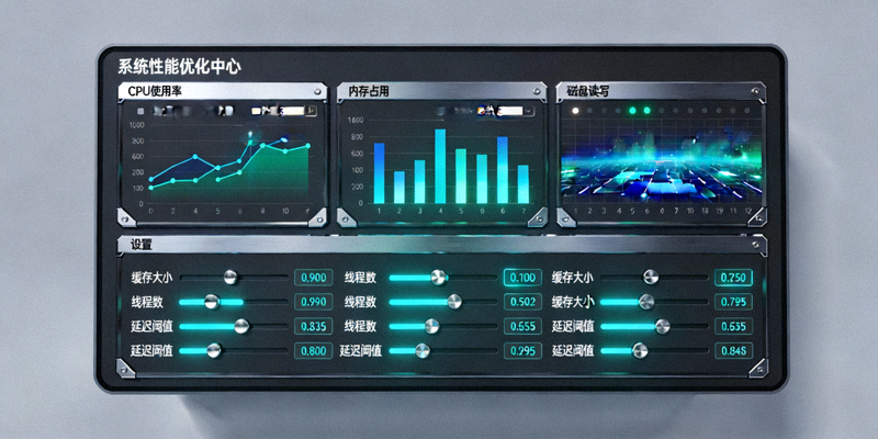 一个复杂的软件优化仪表盘，上面有各种性能图表和设置滑动条