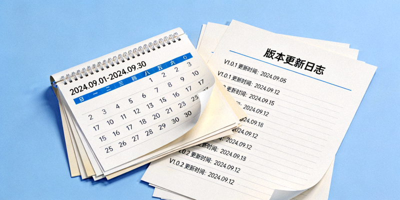 一个日历和版本更新日志文档叠放在一起，表示持续更新与维护