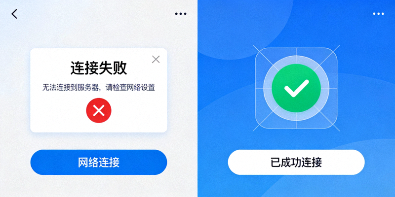 一个网络连接错误的弹窗与一个成功的连接图标对比图，代表问题排查