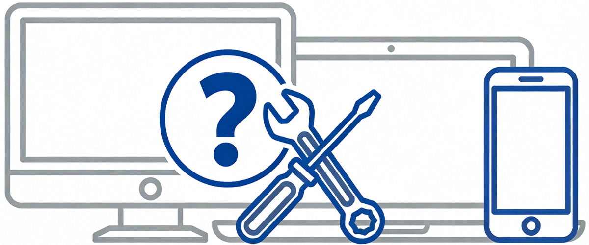 一个问号图标旁放着扳手和螺丝刀，背景是电脑和手机轮廓，象征同步问题的排查与解决工具