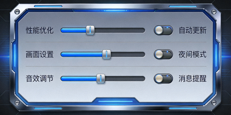 一个仪表盘界面，上面有各种滑动条和开关，代表优化与设置